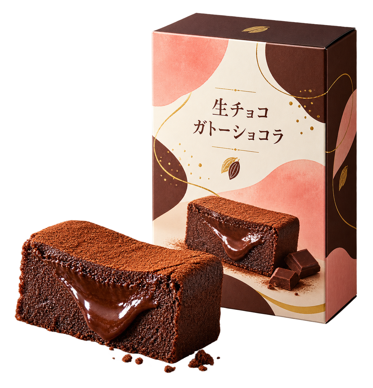 生チョコガトーショコラの商品パッケージと、とろけるガトーショコラ